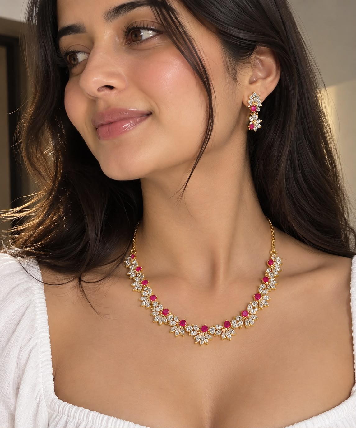 Ruby Pink Floral AD Necklace Set