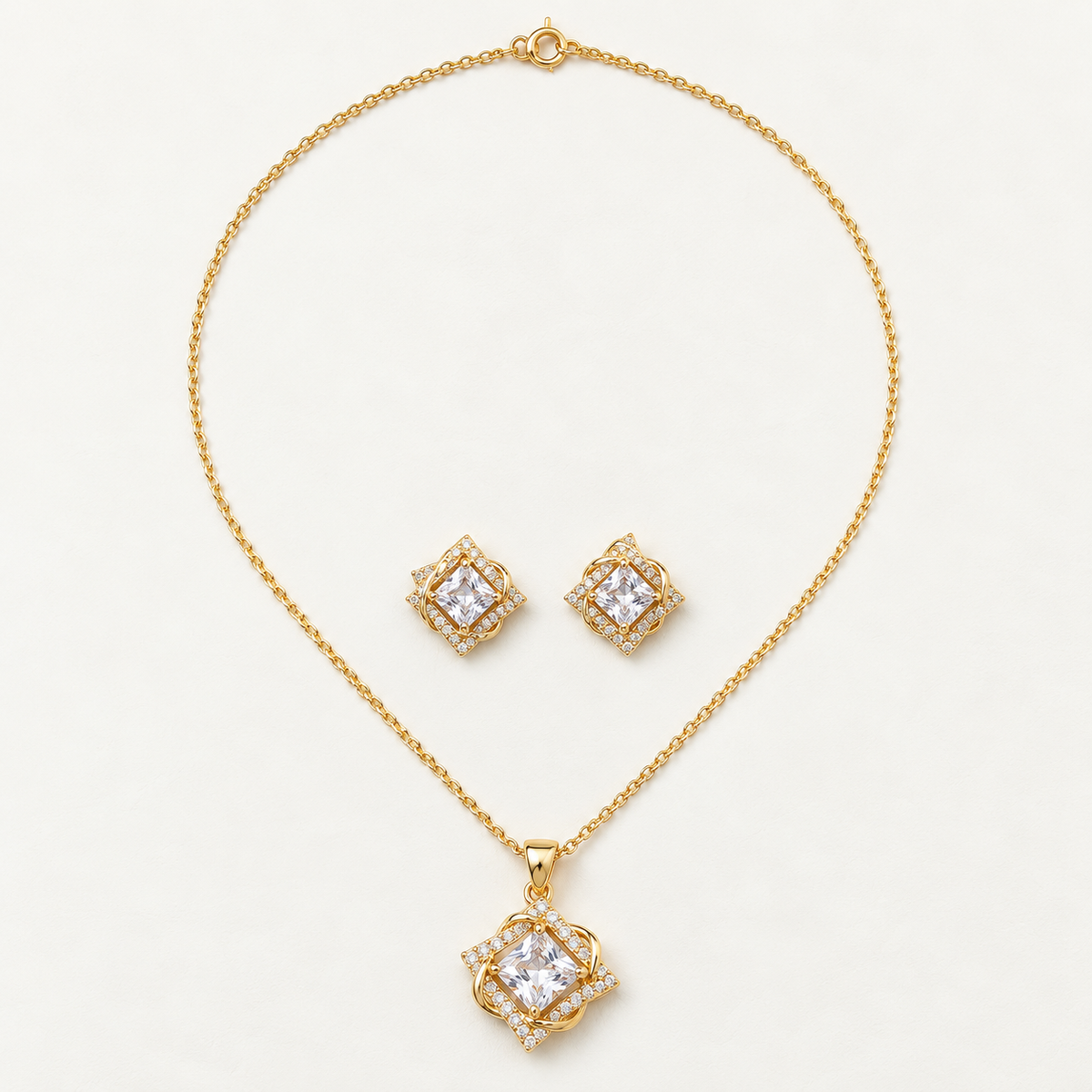Emerald-Cut Crystal Halo Pendant Set