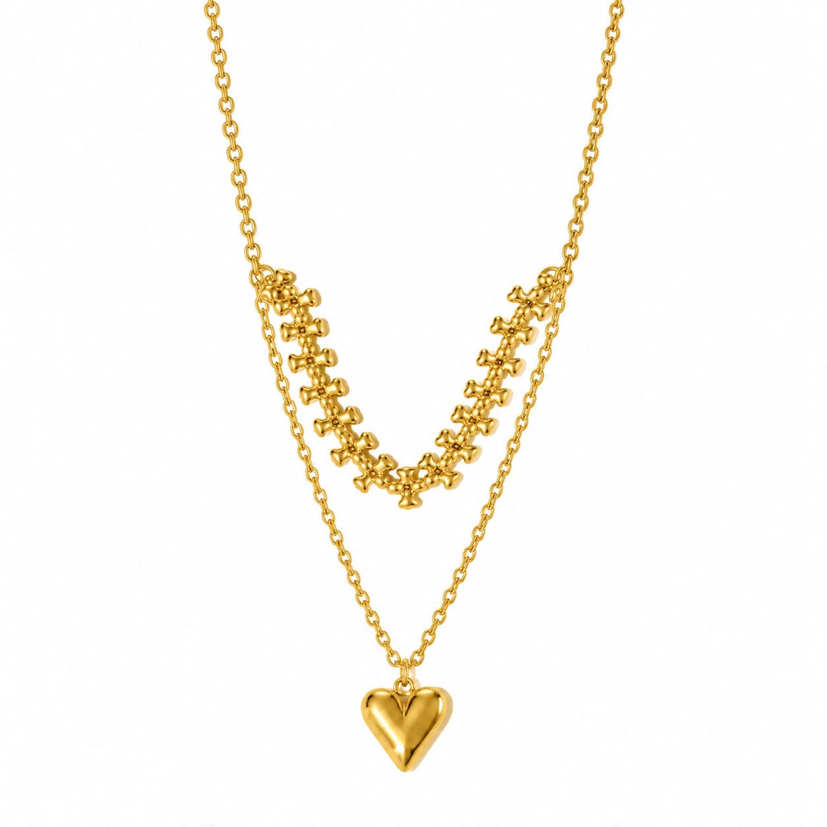 Layered Bone-Chain with Puffy Heart Pendant