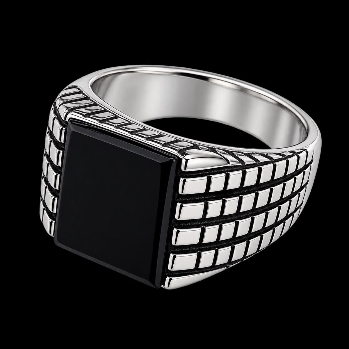 Black Onyx Steel Edge Signet Ring