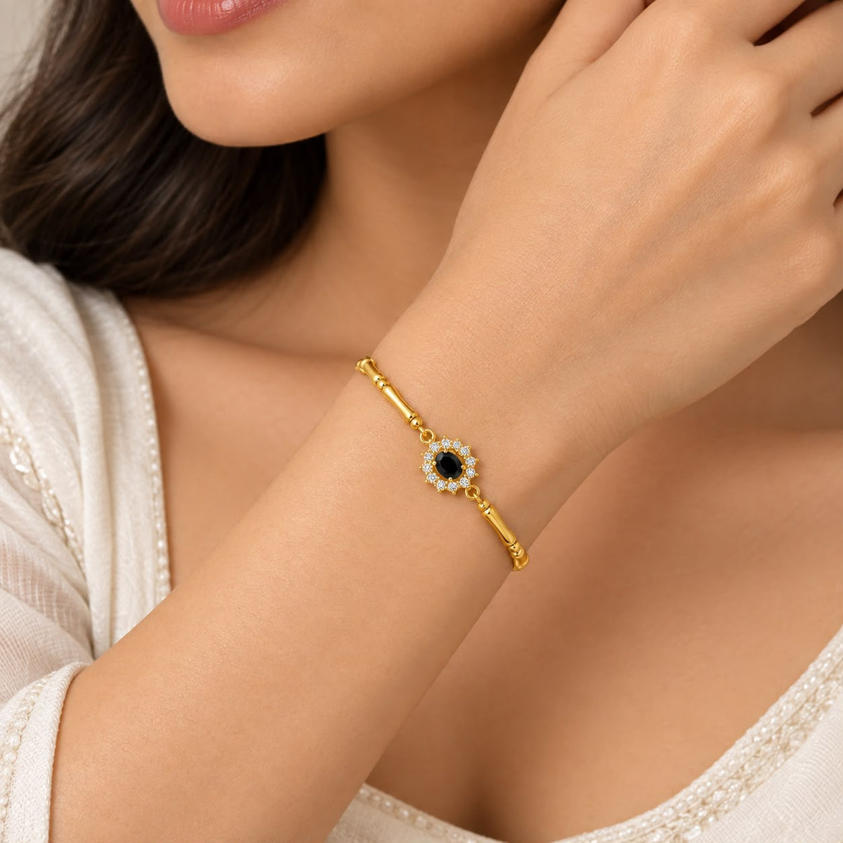 Black Onyx Halo Bamboo Bar Bracelet