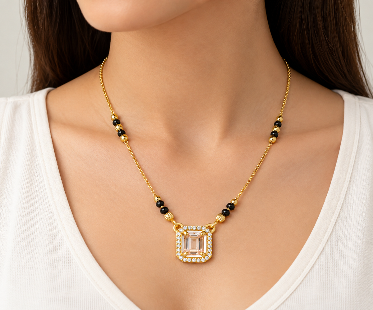Emerald-Cut CZ Halo Gold Mangalsutra