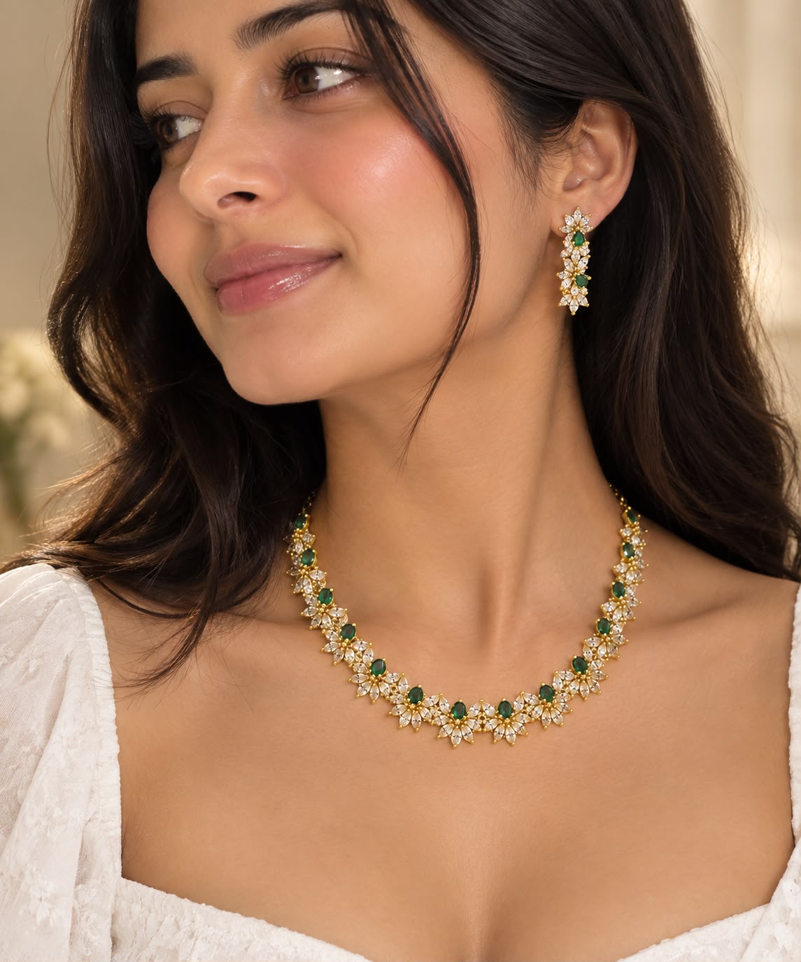 Emerald Green Floral AD Necklace Set
