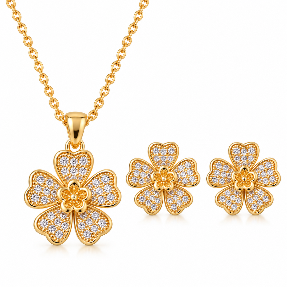 Layered Pavé Blossom Pendant Set
