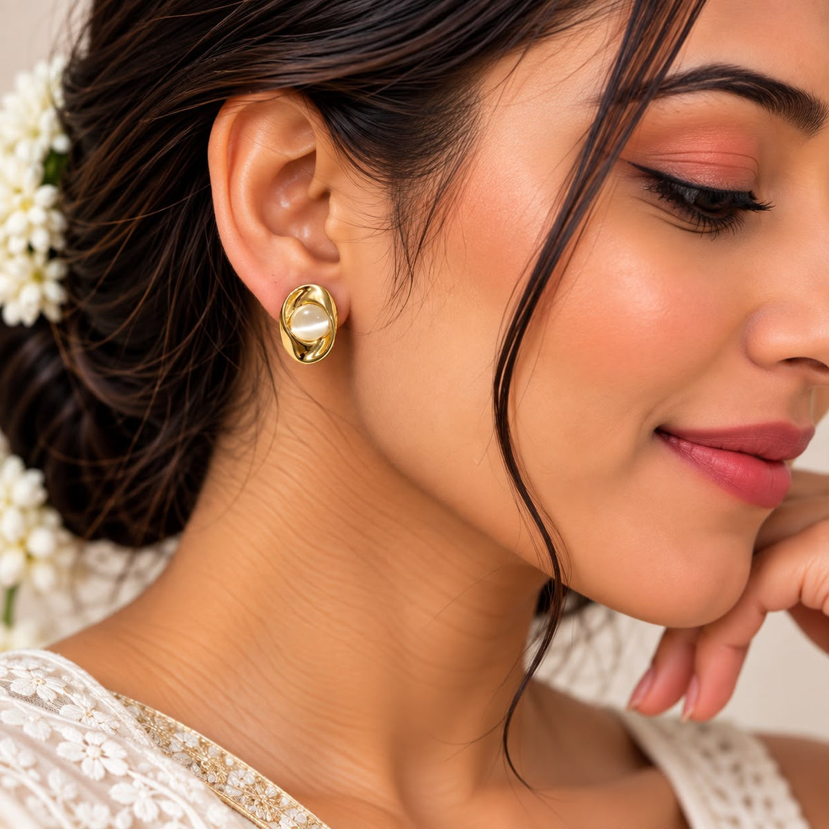 Golden Pearl Oval Studs