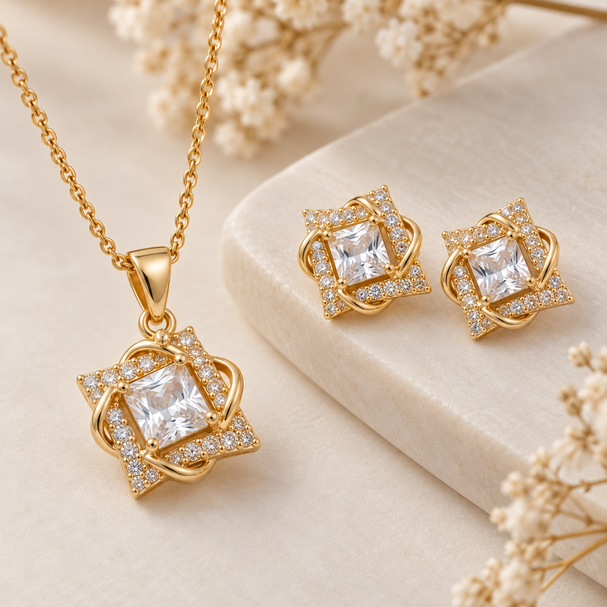 Emerald-Cut Crystal Halo Pendant Set