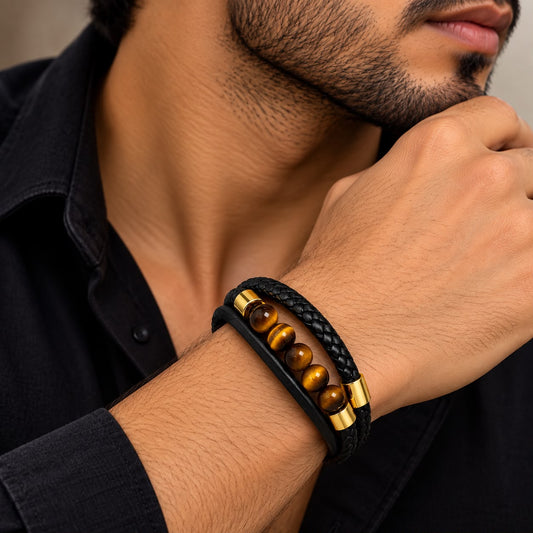 Men’s Black Braided Leather Bracelet – Tiger Eye Beads