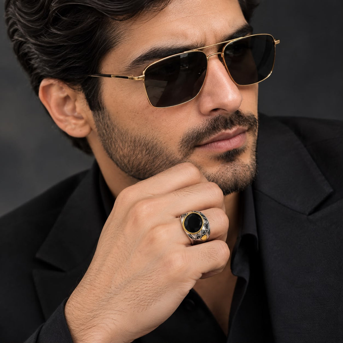 Royal Blackstone Gold Accent Signet Ring