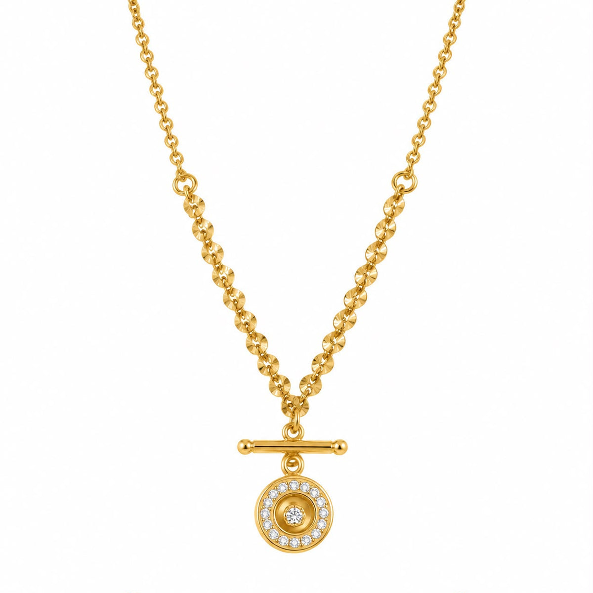 Disc-Bead Chain with Crystal Halo Coin Pendant