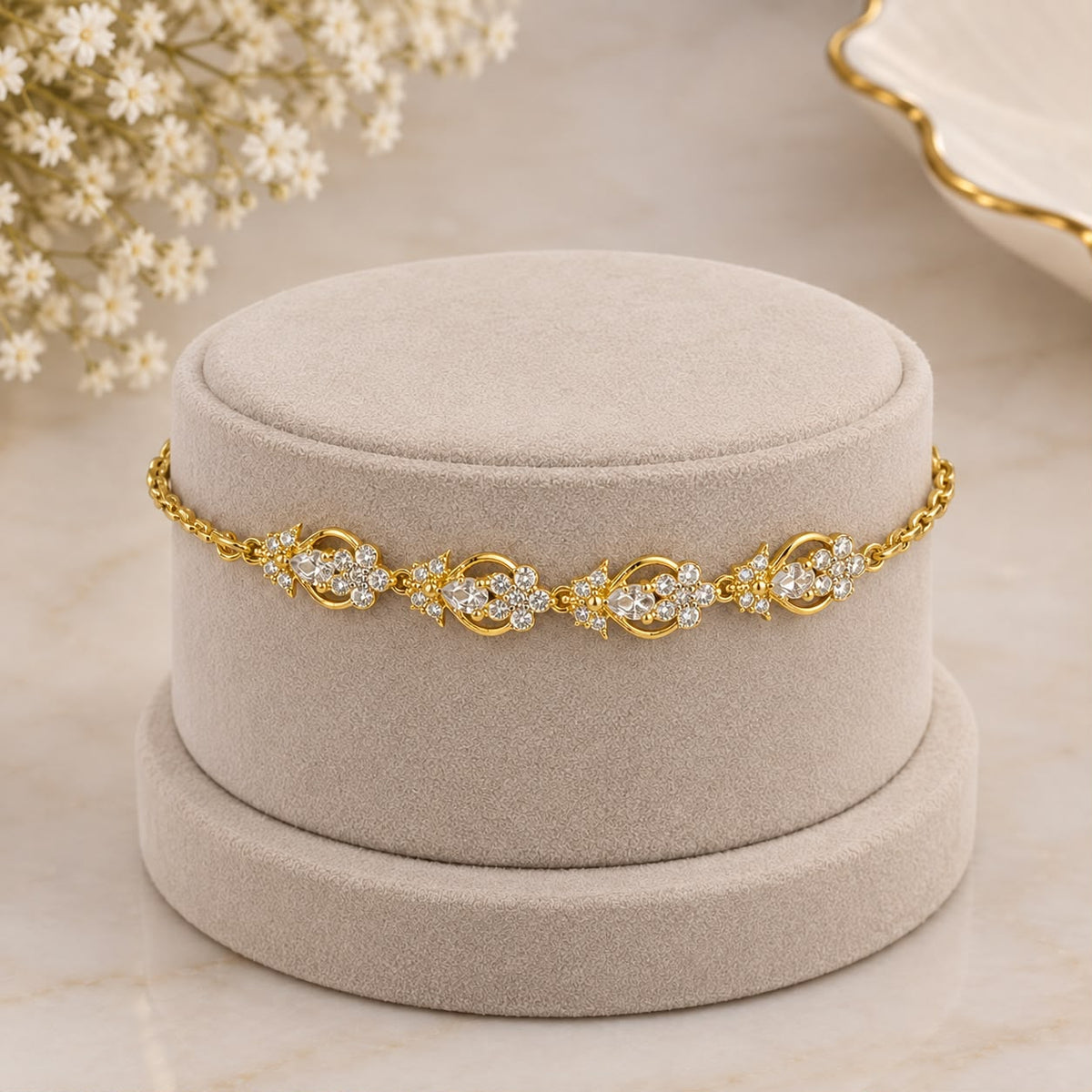 Elegant Two-Tone Floral Filigree Cubic Zirconia Dainty Bracelet 