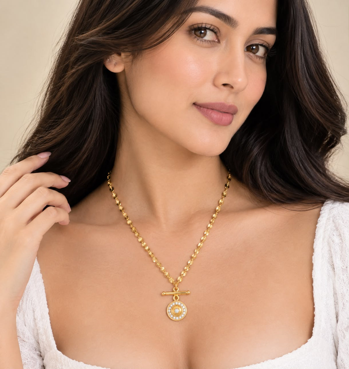 Disc-Bead Chain with Crystal Halo Coin Pendant