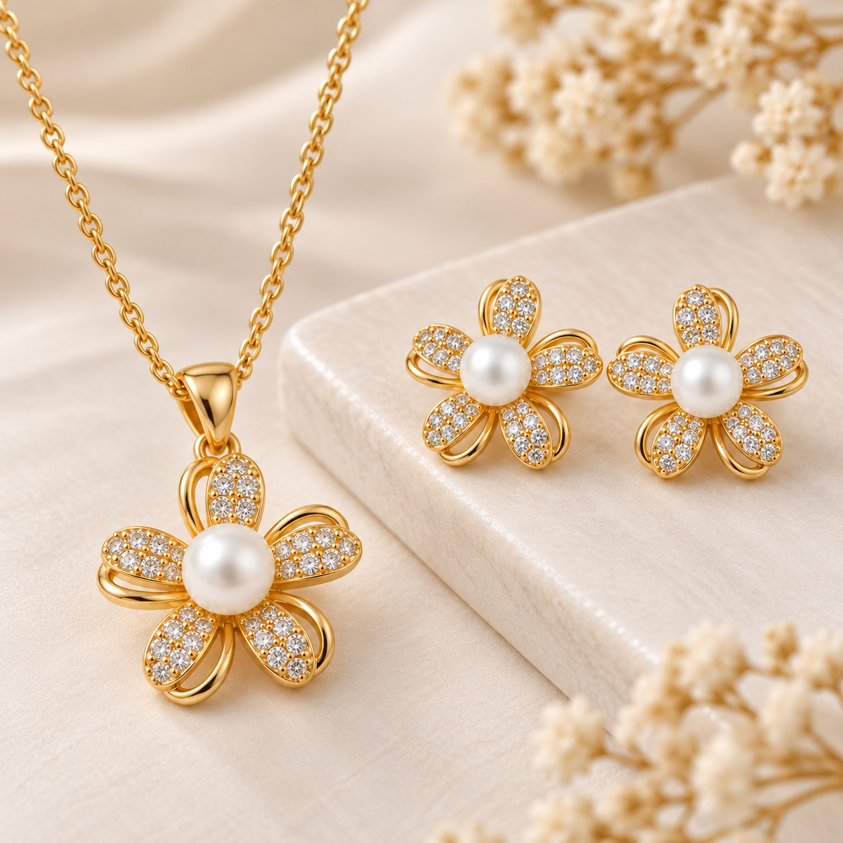 Pavé & Pearl Petal Pendant Set