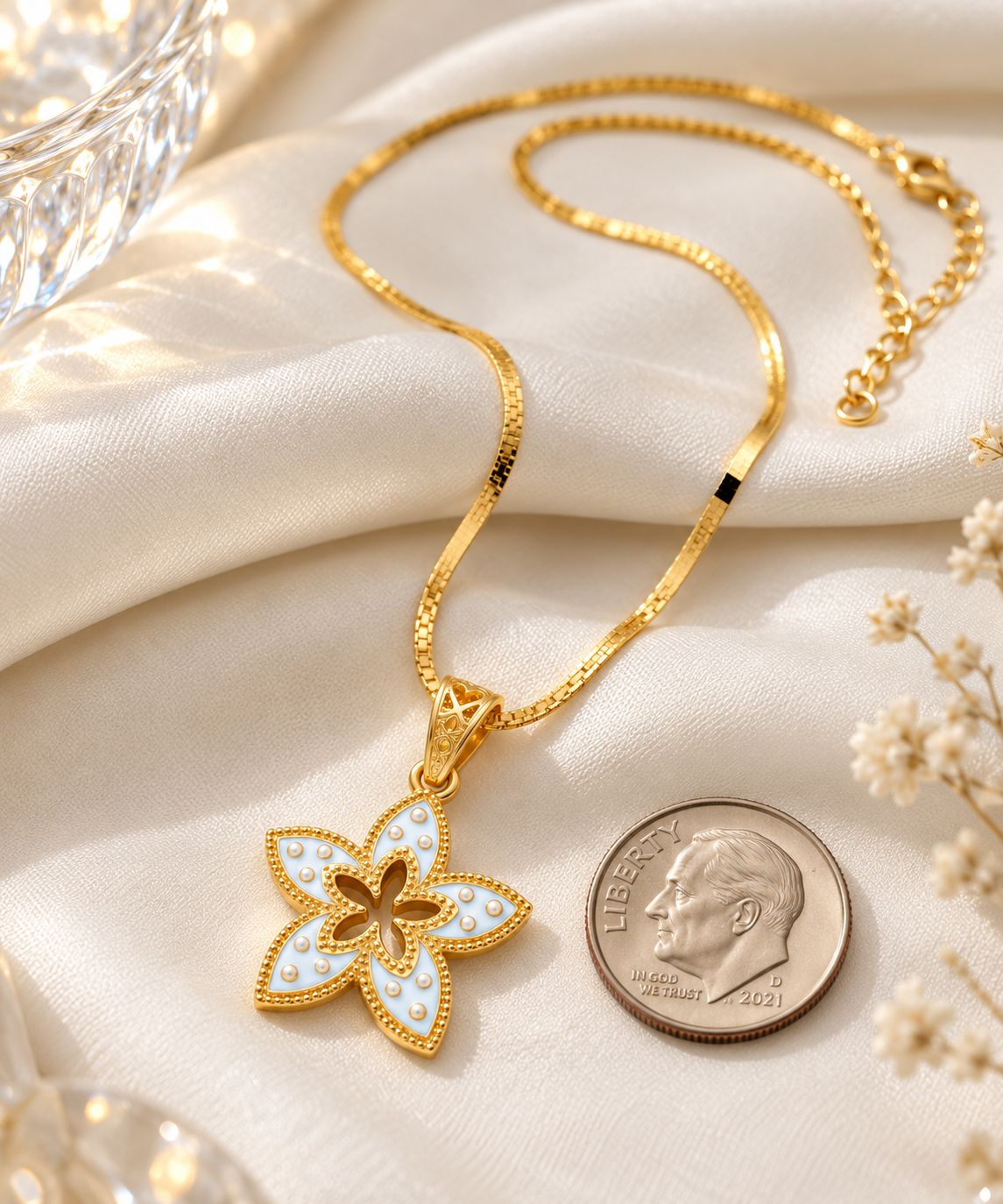 Light Blue Enamel Star-Shaped Flower Pendant Necklace
