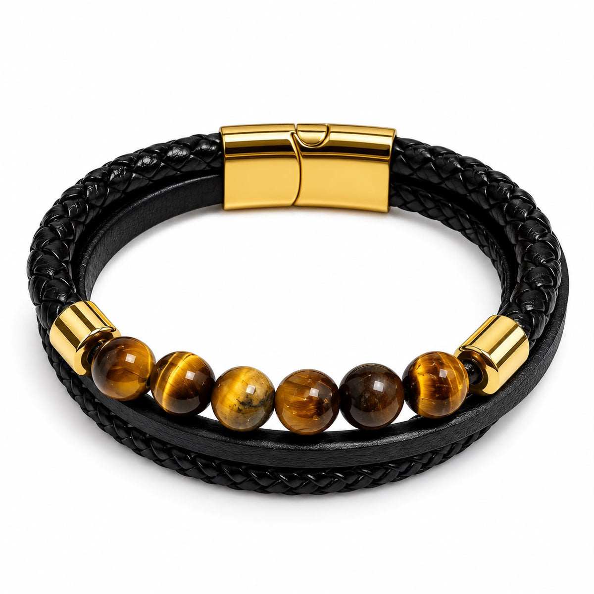 Men’s Black Braided Leather Bracelet – Tiger Eye Beads