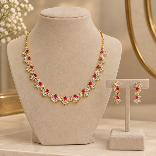 Ruby Pink Floral AD Necklace Set