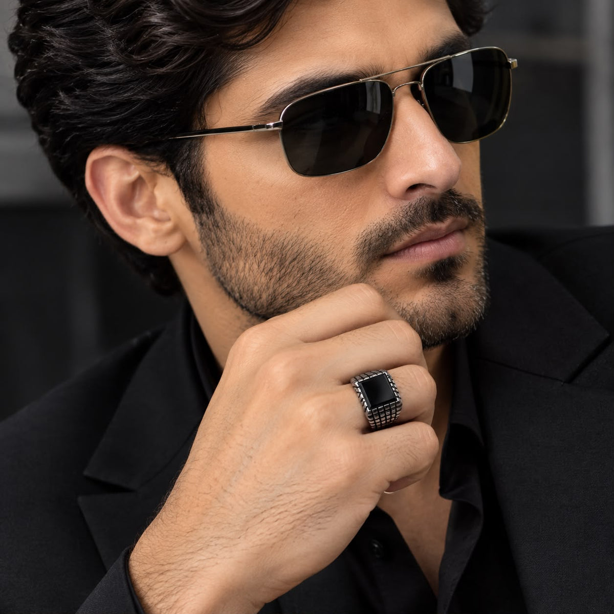 Black Onyx Steel Edge Signet Ring