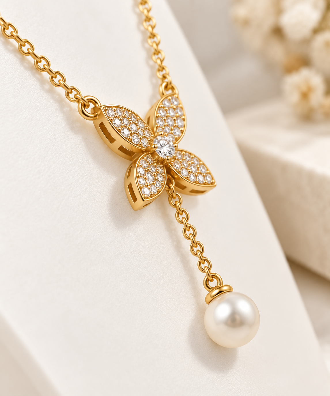 Pavé Four-Petal Floral Lariat & Pearl Necklace