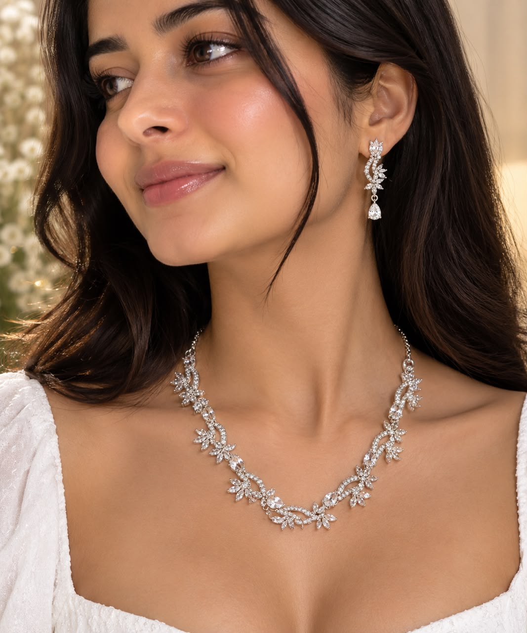 Floral Vine Silver AD Necklace Set