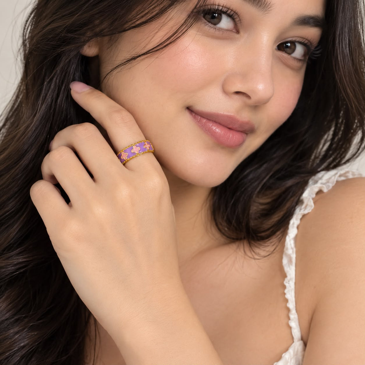 Lavender & Pink Clover Meenakari Ring 