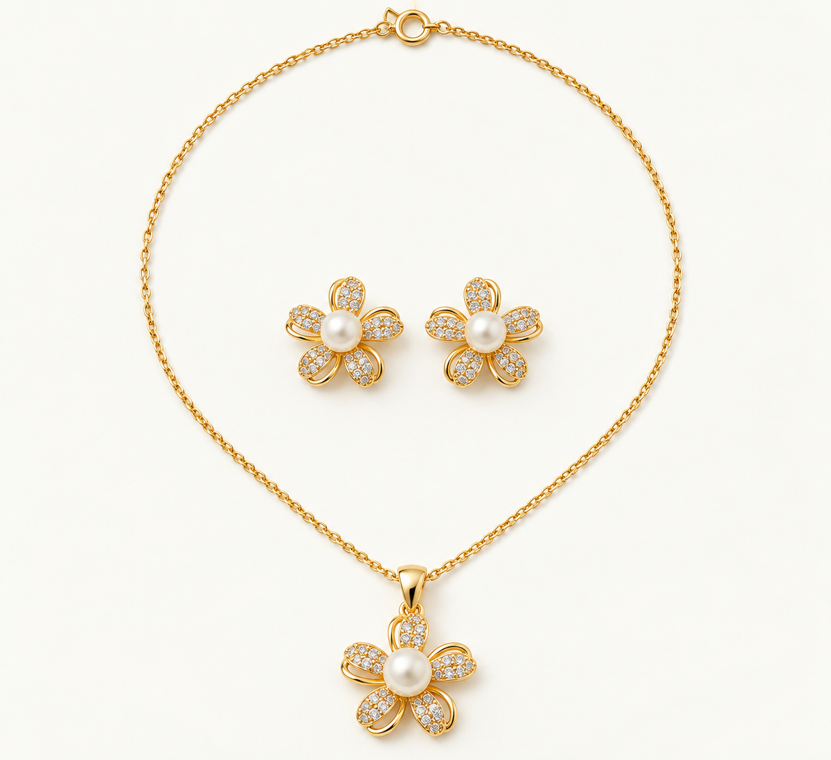 Pavé & Pearl Petal Pendant Set