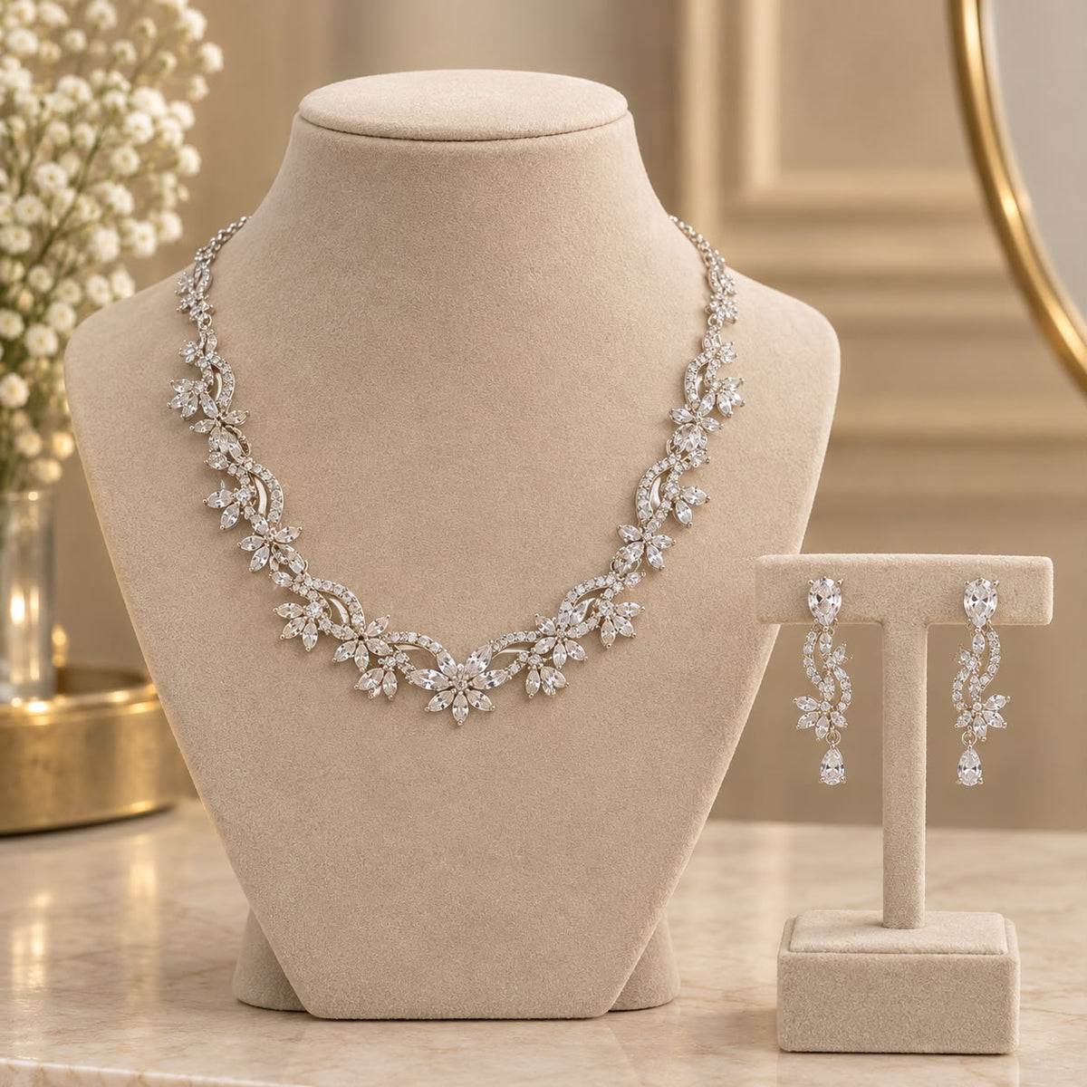 Floral Vine Silver AD Necklace Set