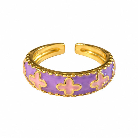 Lavender & Pink Clover Meenakari Ring 