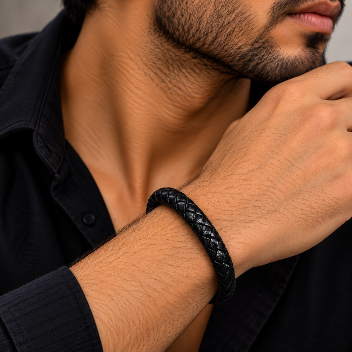 Men’s Black Braided Leather Bracelet – Silver Clasp