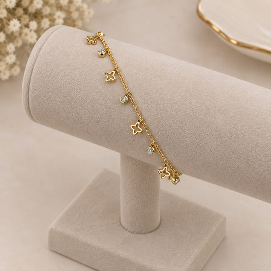 Minimalist Gold Four-Leaf Clover & Bezel Crystal Charm Bracelet 