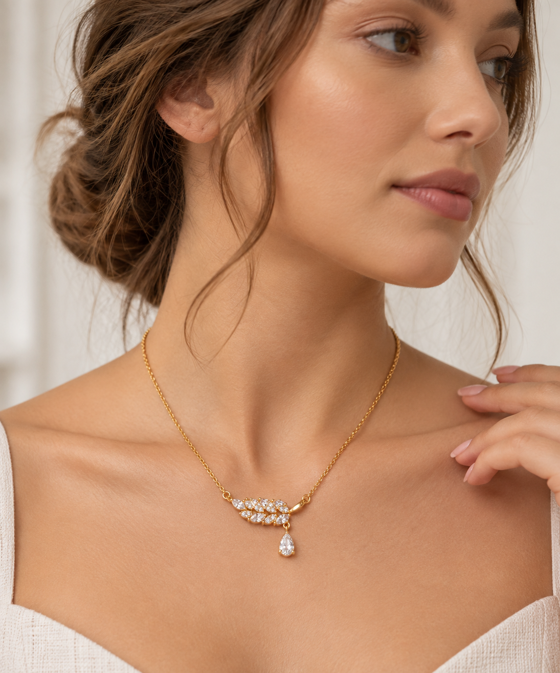 Pavé Feather & Pear Drop Dainty Necklace