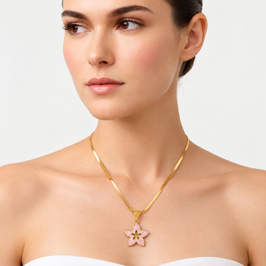 Pink Enamel Star-Shaped Flower Pendant Necklace