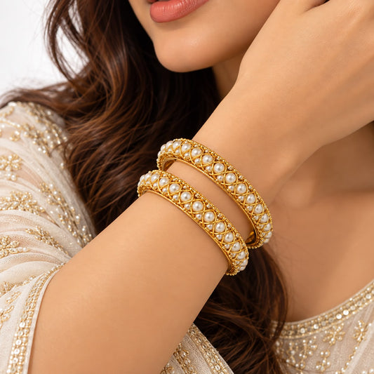 Gold-Plated Pearl Beaded Designer Women's Kada (Set of 2)