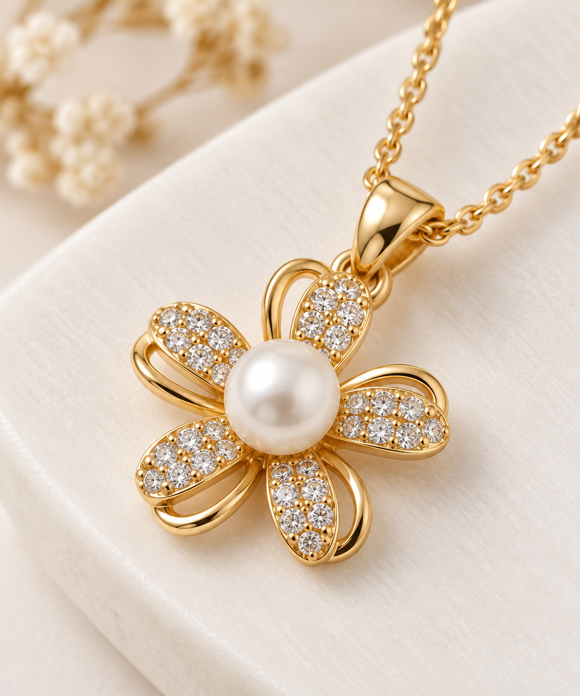 Pavé & Pearl Petal Pendant Set