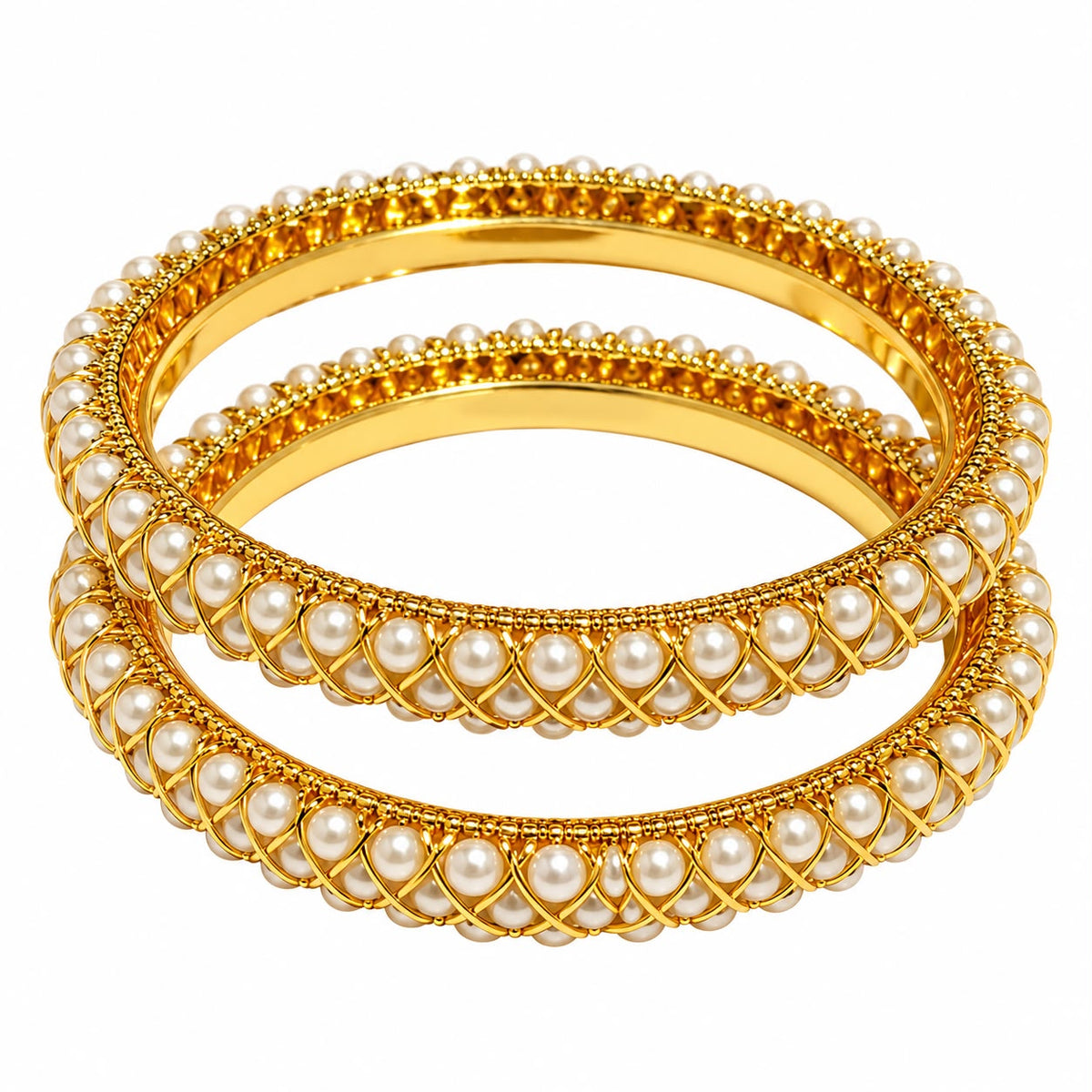 Gold-Plated Pearl Beaded Designer Women's Kada (Set of 2)