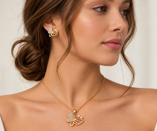 Asymmetric Pavé Butterfly Pendant Set
