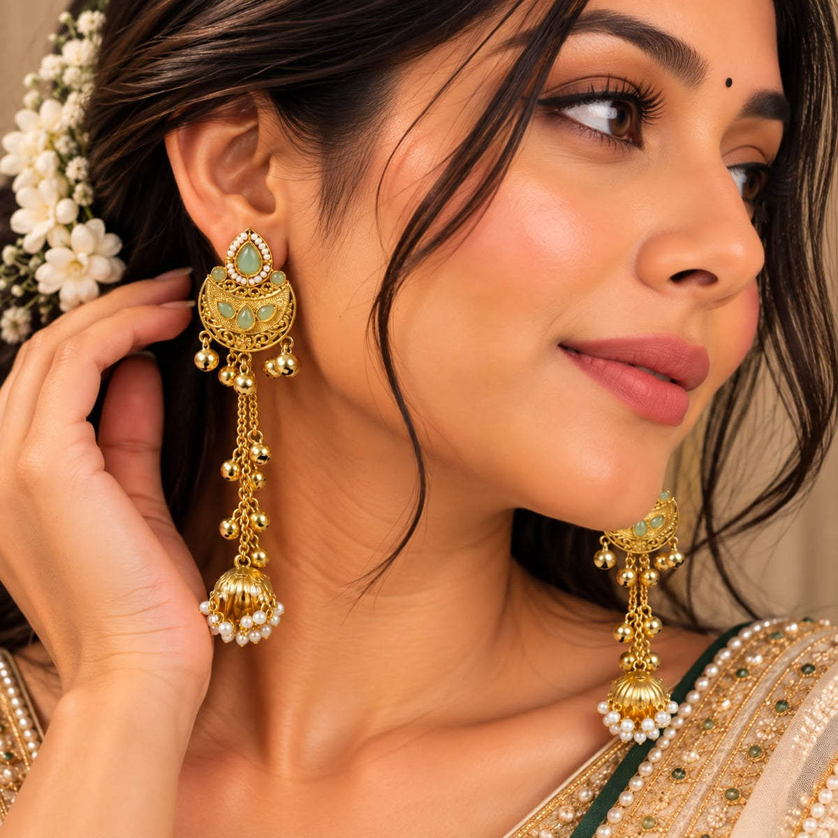 Kashmiri Green Stone Long Jhumka Earrings