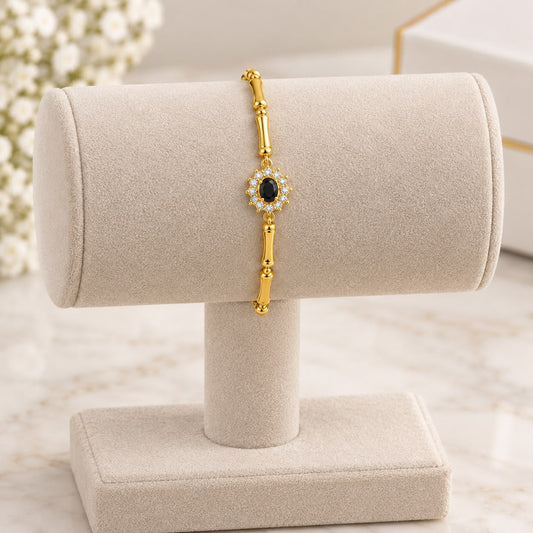 Black Onyx Halo Bamboo Bar Bracelet