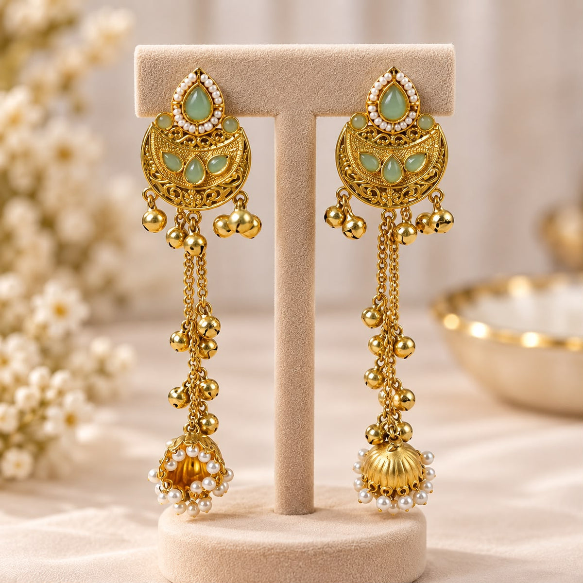 Kashmiri Green Stone Long Jhumka Earrings