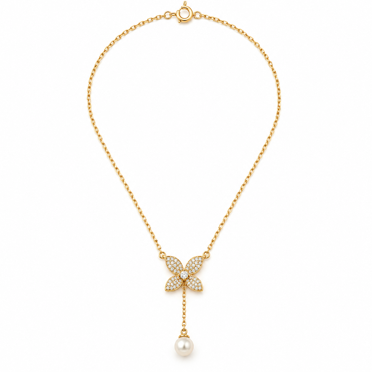 Pavé Four-Petal Floral Lariat & Pearl Necklace