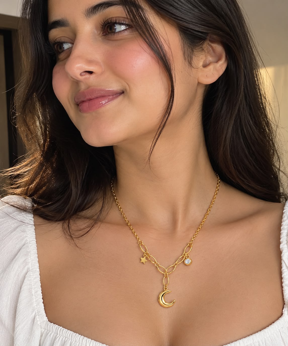 Celestial Crescent Moon & Star Charm Necklace