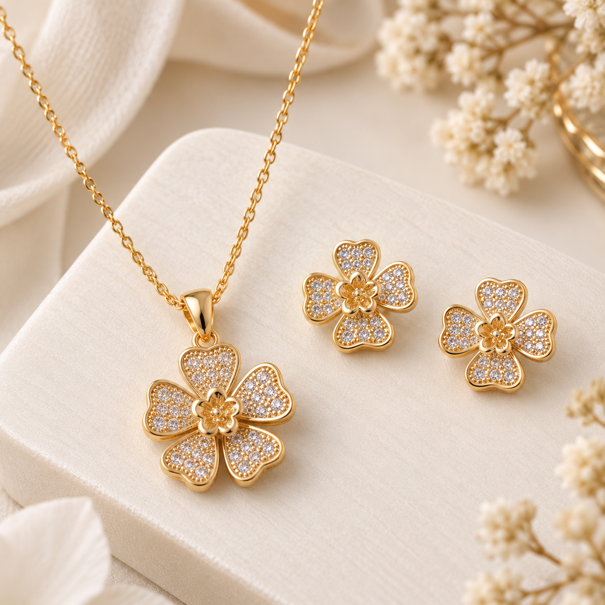 Layered Pavé Blossom Pendant Set