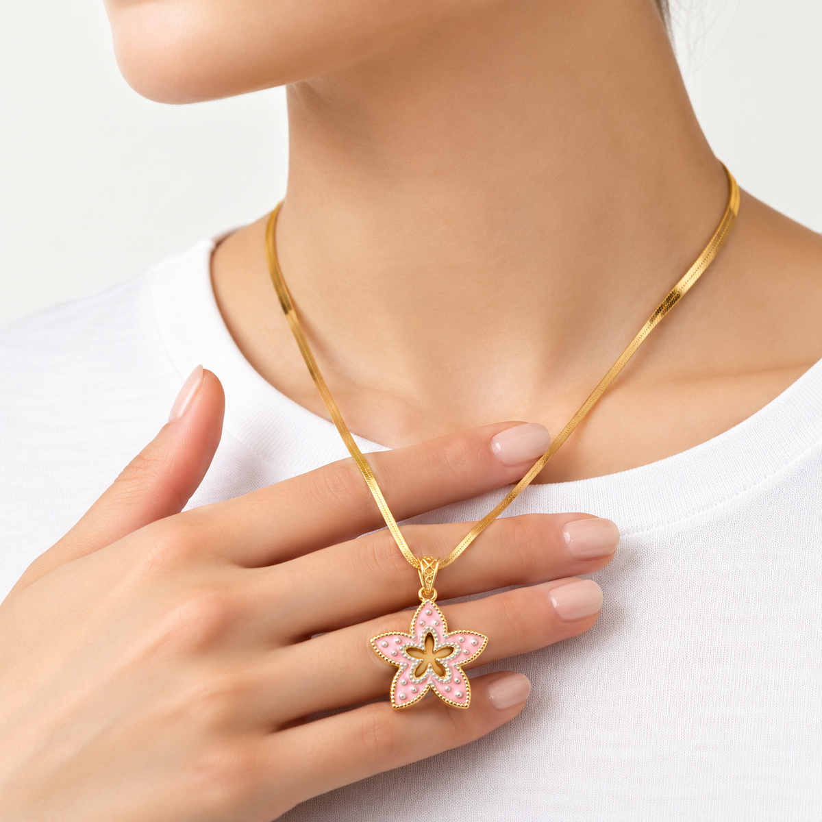 Pink Enamel Star-Shaped Flower Pendant Necklace