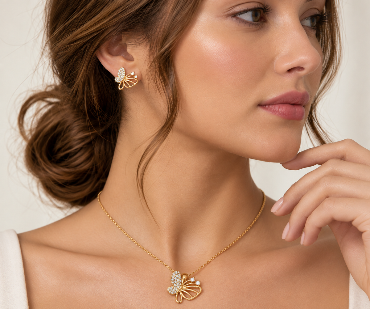 Asymmetric Pavé Butterfly Pendant Set