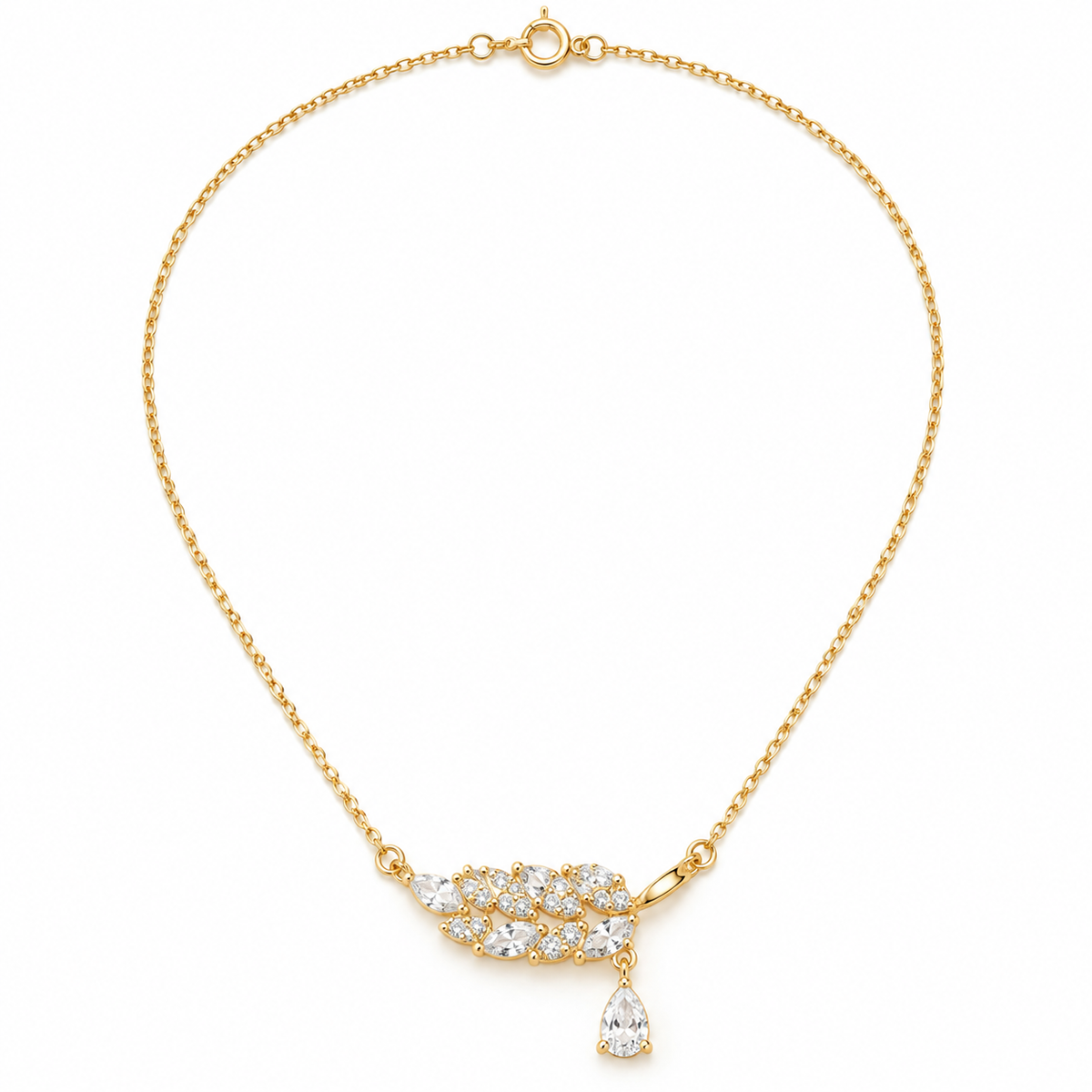 Pavé Feather & Pear Drop Dainty Necklace