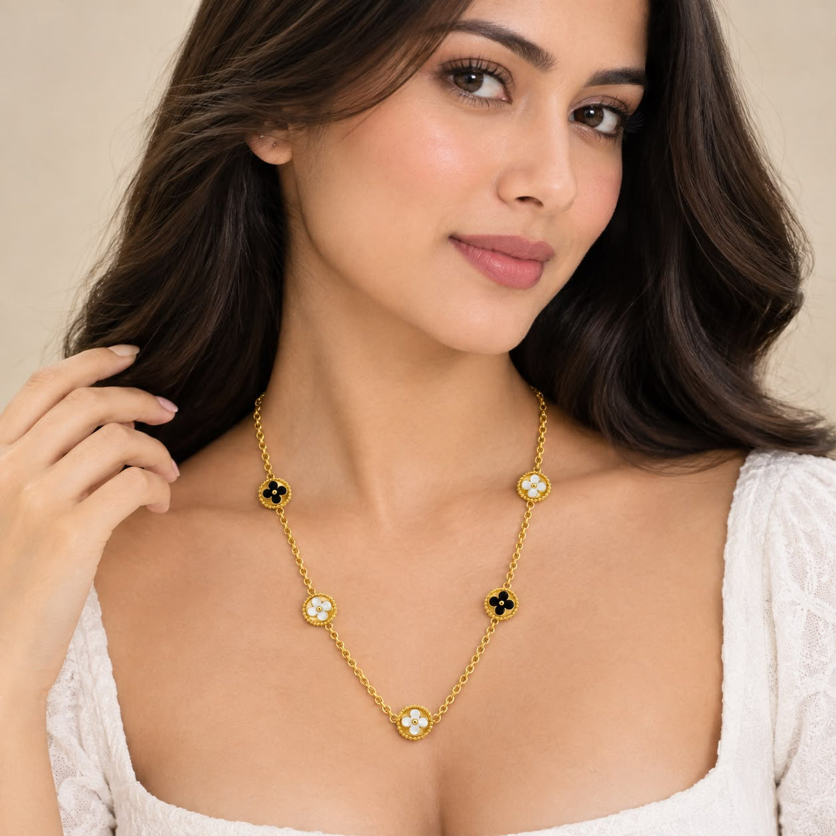 Dual-Tone Clover Motif Station Necklace