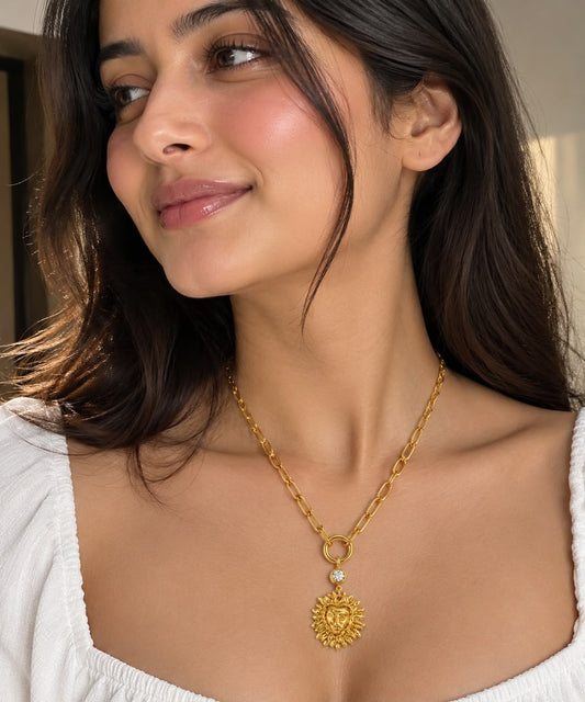 Lion Head Medallion Paperclip Necklace