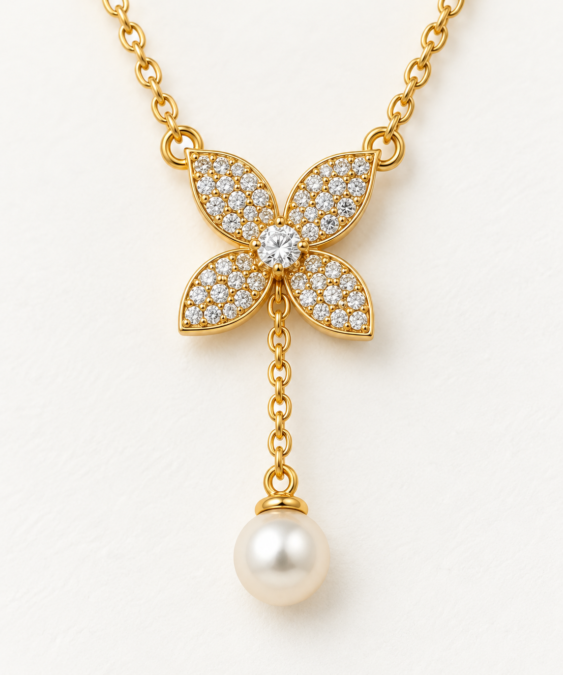 Pavé Four-Petal Floral Lariat & Pearl Necklace