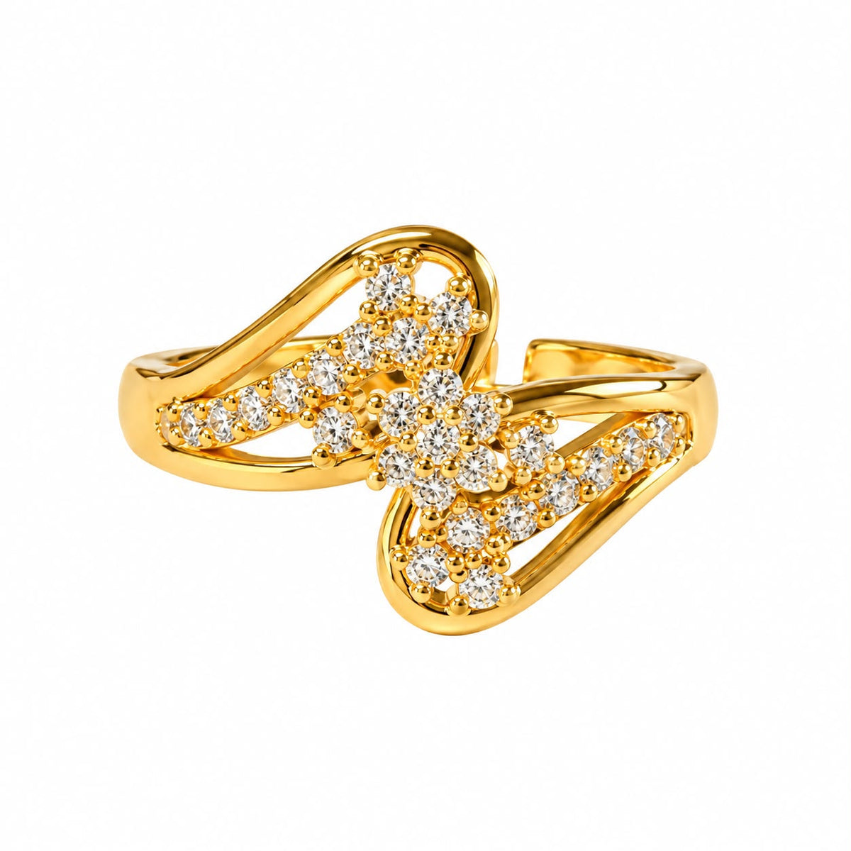 Curved Swirl Floral Cluster Gold Ring 