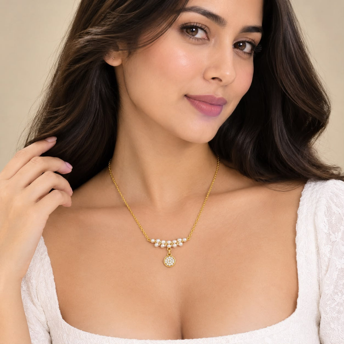 Pearl Cluster with Crystal Disk Pendant Necklace
