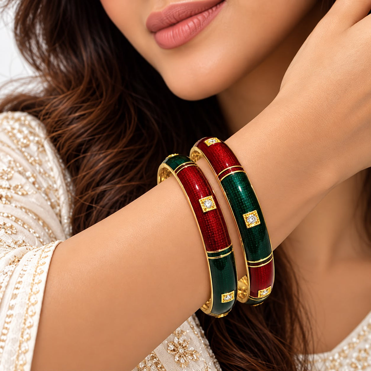 Ruby & Emerald Meenakari Stone Studded Bangles (Set of 2)