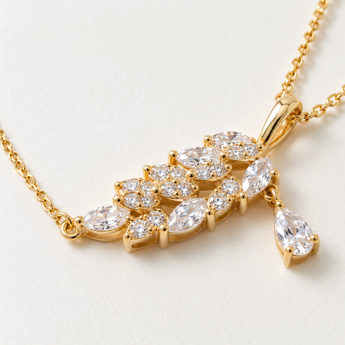 Pavé Feather & Pear Drop Dainty Necklace